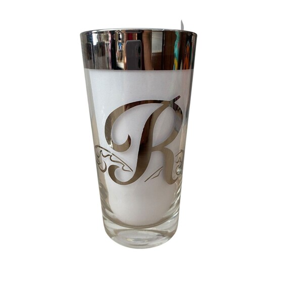 Set of 4 Vintage Silver Rim Highball Glasses Monogram R MCM Barware 5.5" - Picture 3 of 11